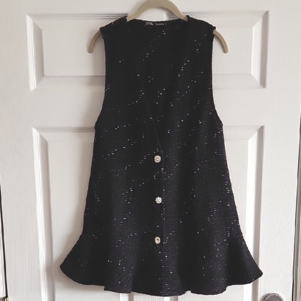 NWT Zara Tweed Black Sleeveless Short Dress With Jewerl Buttons Size Small